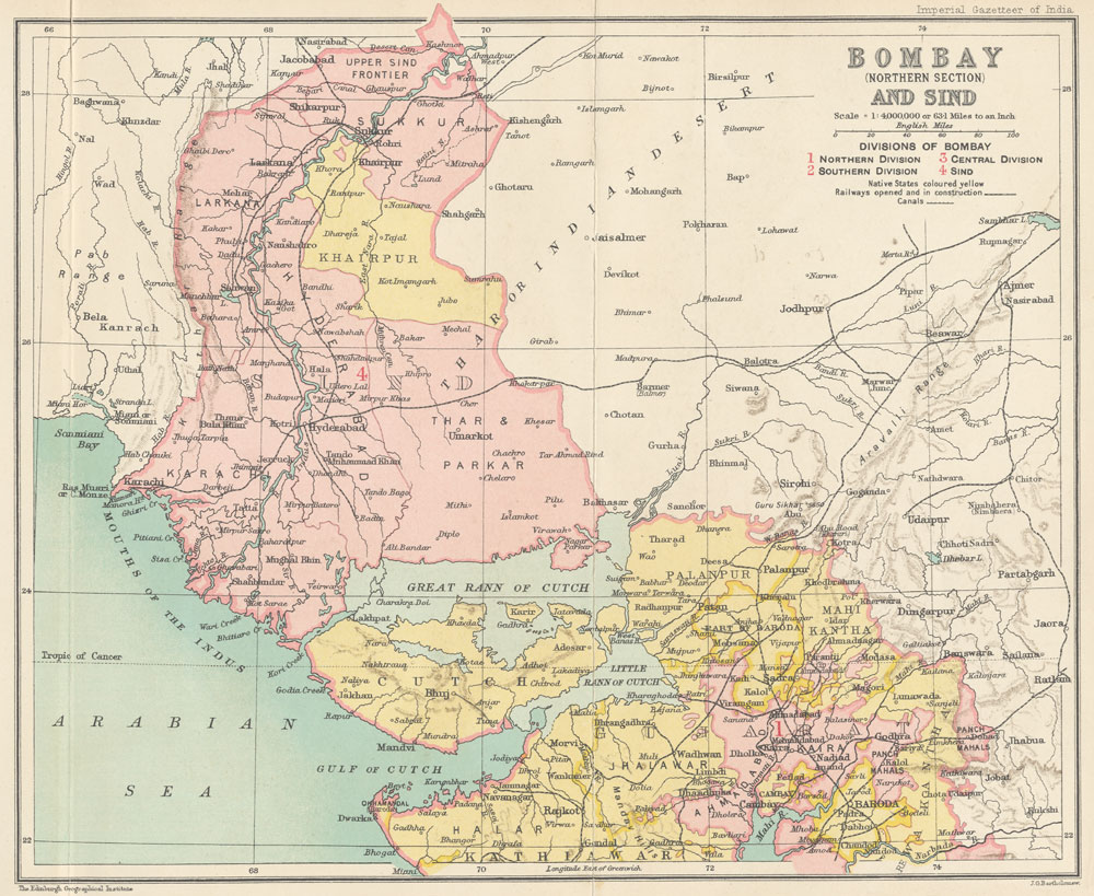 1909 Imperial Gazetteer map of Sind showing its districts before Partition